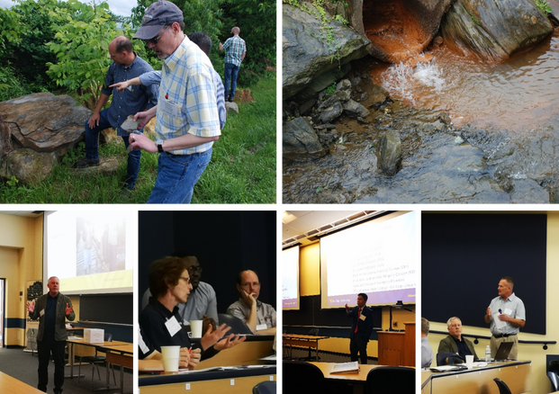 Top photos show field tour for Mine Land Reclamation, and bottom photos show presentations and discussion at the USDA NIFA Sustainable Land Reclamation Project 2019 Annual Meeting