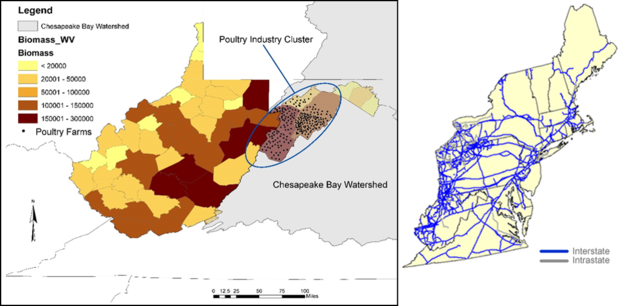 Map of WV showing where poultry farms exist and also map of eastern us showing where gas pipelines exist.